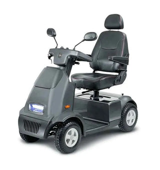 Gray Afikim Afiscooter C4 Standard 4-wheel mobility scooter with black seat on white background
