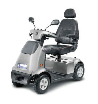 Gray Afikim Afiscooter C4 Standard 4-wheel mobility scooter with black seat on white background