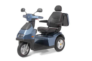 Afikim Afiscooter FTS3581 S3 Standard blue 3-wheel mobility scooter with padded seat, armrests and front headlight for outdoor use