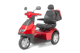 Afikim Afiscooter FTS3581 S3 Standard red 3-wheel mobility scooter with padded seat, armrests and front headlight for outdoor use
