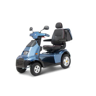 Blue Afikim Afiscooter S4 Standard 4-wheel mobility scooter with black seat on a white background