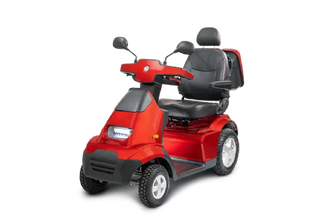 Red Afikim Afiscooter S4 Standard 4-wheel mobility scooter with black seat on a transparent background