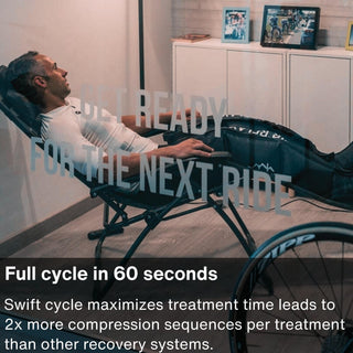 Cyclist resting in a chair with Air Relax leg sleeves