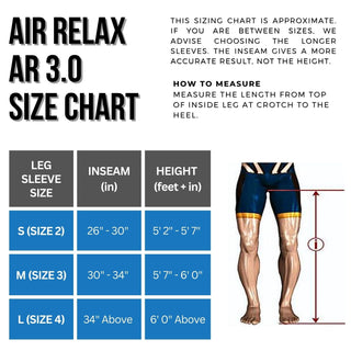 Air Relax AR-3.0 leg sleeve size chart based on inseam and height