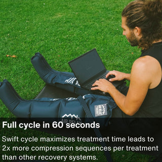 Man using Air Relax leg sleeves outdoors with a laptop