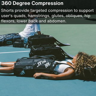 People using Air Relax Pro shorts and leg sleeves on a tennis court