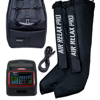 Air Relax Pro AR-4.0 control unit with leg sleeves, power cord and carrying case