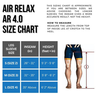 Air Relax AR-4.0 leg sleeve size chart based on inseam and height