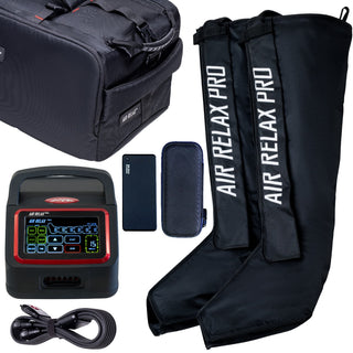 Air Relax Pro AR-4.0 system shown with the optional power bank, leg sleeves and carrying case
