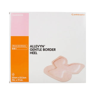 Allevyn 729695_CS Foam Dressing 9 X 9 Inch w/Border Film Backing Silicone Gel Adhesive Heelwith a pink and orange design on a white background