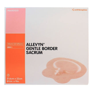 Box of Allevyn 831048_CS Foam Dressing Gentle Border 8-1/2 X 9 In. w/Border Silicone Sacral with brand logo on a white background