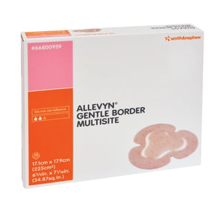 Box of Allevyn Gentle Border 784969_CS Foam Dressing  6-3/4 X 7-5/8 Inch Adhesive Trefoil Sterile (CS) on a white background.