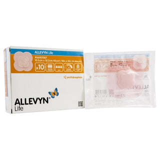 Allevyn Life 834478_CS Foam Dressing 4 X 4 In w/Border Film Backing Silicone Quadrilobe Sterile packaging on a white background