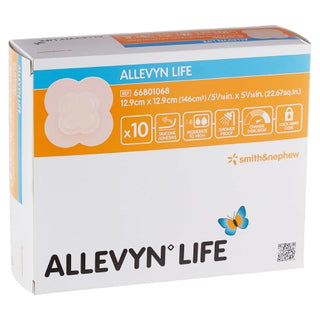 Box of Allevyn Life 834485_CS Foam Dressing 5-3/4 X 5-3/4 In w/Border Film Backing Silicone Quadrilobe Sterile with branding and product details.