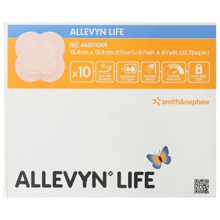Box of Allevyn Life Allevyn Life 834487_CS Foam Dressing 6 X 6 In w/Border Film Backing Silicone Quadrilobe Sterilewith product details and Smith & Nephew logo.