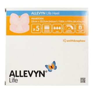 Box of Allevyn Life 863007_CS Foam Dressing 9-4/5 X 9-9/10 Inch w/Border Film Backing Silicone Adhesive Heel on a white background
