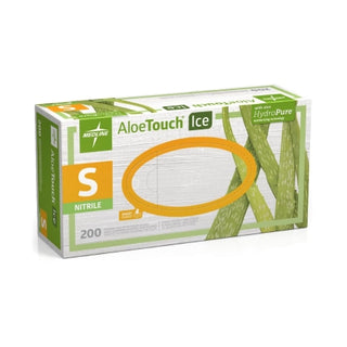 Box of Aloetouch® Ice™ 714323_CS, Nitrile Exam Glove, Small,Standard Cuff, Textured, Green with green and white design on a white background