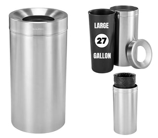 Alpine Industries ALP475-27 brushed stainless open top can beside its black liner and removable lid ring
