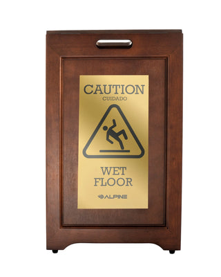 Alpine Industries ALP499 wooden wet floor sign with brass caution plate, front view