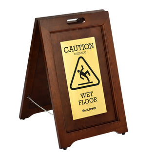 Alpine Industries ALP499 wooden wet floor sign with brass plate, standing open, angled front view