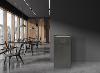 Alpine Industries ALP476-BLK woodgrain enclosure in a modern restaurant