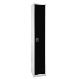 Alpine Industries ADI629-201 single tier steel locker with black door and off-white frame, front view