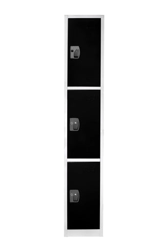 Alpine Industries ADI629-203 triple tier steel locker with black doors and off-white frame, front view
