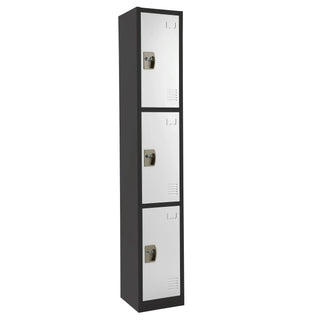 Alpine Industries ADI629-203 black-frame triple tier locker with white doors, angled view