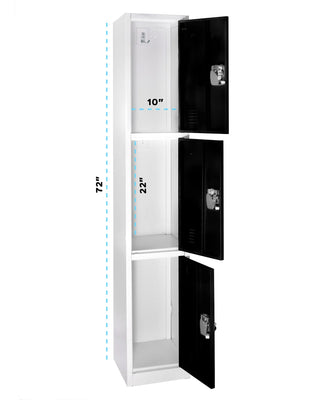 Alpine Industries ADI629-203 black triple tier locker with all doors open, shown with dimension lines