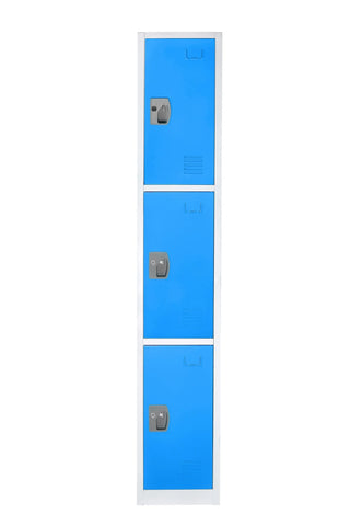 Alpine Industries ADI629-203 triple tier steel locker with blue doors and key lock handles, front view