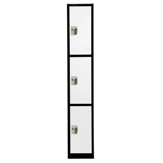 Alpine Industries ADI629-203 triple tier locker with white doors and black frame, front view