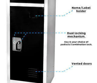 Alpine Industries ADI629-203 close-up of black locker door with callouts for label holder, lock and vents