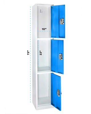 Alpine Industries ADI629-203 dimension diagram of blue triple tier locker with all doors open