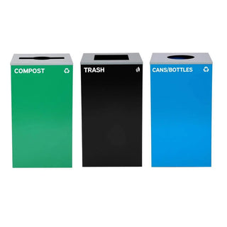 Alpine Industries ALP4450-BLK-KIT38 green compost, black trash and blue cans and bottles bins side by side