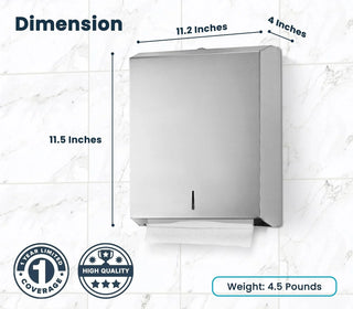 Alpine Industries ALP480 paper towel dispenser dimension chart on a marble tile background