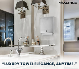 Alpine Industries ALP480 paper towel dispenser in an upscale bathroom beside wall sconces and a vanity
