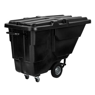 Alpine Industries ALP500-12-HL-BLK black hinged lid fitted on a tilt truck, angled view