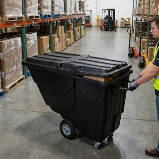 Alpine Industries ALP500-12-HL-BLK hinged lid on a tilt truck pushed by a worker in a warehouse
