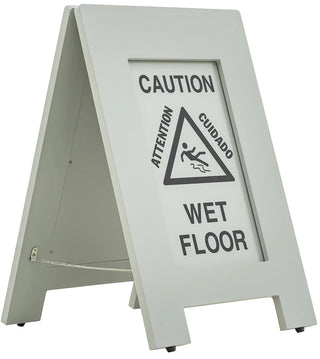 Alpine Industries ALP499G wooden wet floor sign in weathered grey finish with bilingual caution panel, angled front view