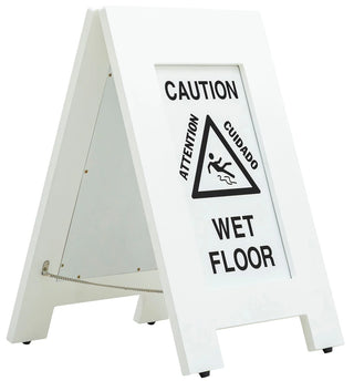 Alpine Industries ALP499G wooden wet floor sign in crisp white finish, angled front view with folding side chains