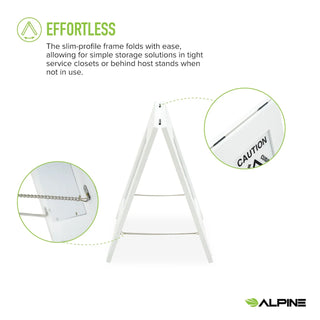 Alpine Industries ALP499G side view of white sign folding flat, with close-ups of the hinge and side chain