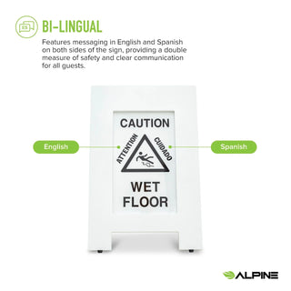 Alpine Industries ALP499G front view graphic highlighting English and Spanish messaging on the sign panel