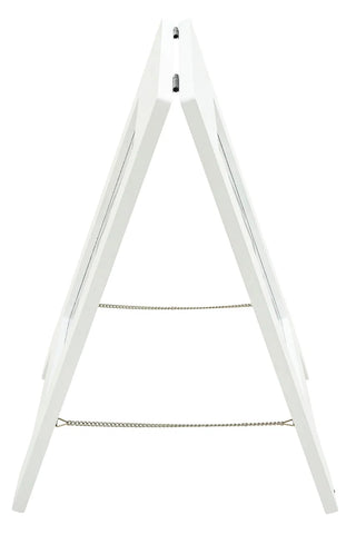 Alpine Industries ALP499G white wooden wet floor sign seen from the side, open in an A-frame stance