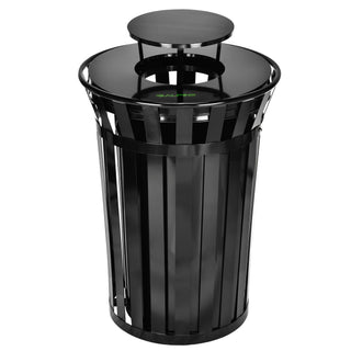 Alpine Industries ALP479-38-1 black slatted steel outdoor receptacle with rain bonnet lid, angled front view