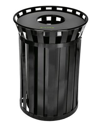 Alpine Industries ALP479-38 black slatted steel outdoor waste receptacle with flat top lid