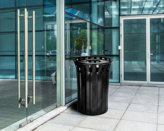 Alpine Industries ALP479-38 outdoor receptacle on a tiled patio outside glass office doors