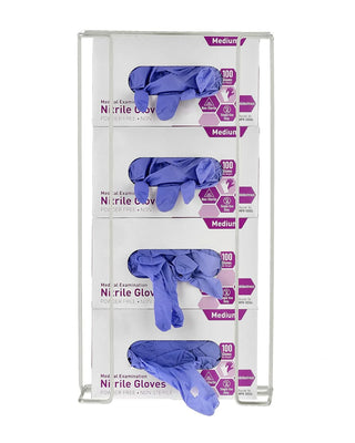 Alpine Industries ALP485-05 quadruple box glove dispenser in white with gloves pulled through each opening