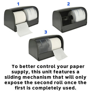 Alpine Industries ALP452-GRY double roll tissue dispenser sequence showing the sliding cover moving to the reserve roll