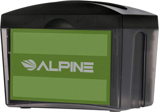 Alpine Industries ALP4332 tabletop interfold napkin dispenser in smoke black with green advertising insert, front view