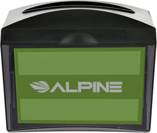 Alpine Industries ALP4332 front view of dispenser with green advertising insert, slightly angled